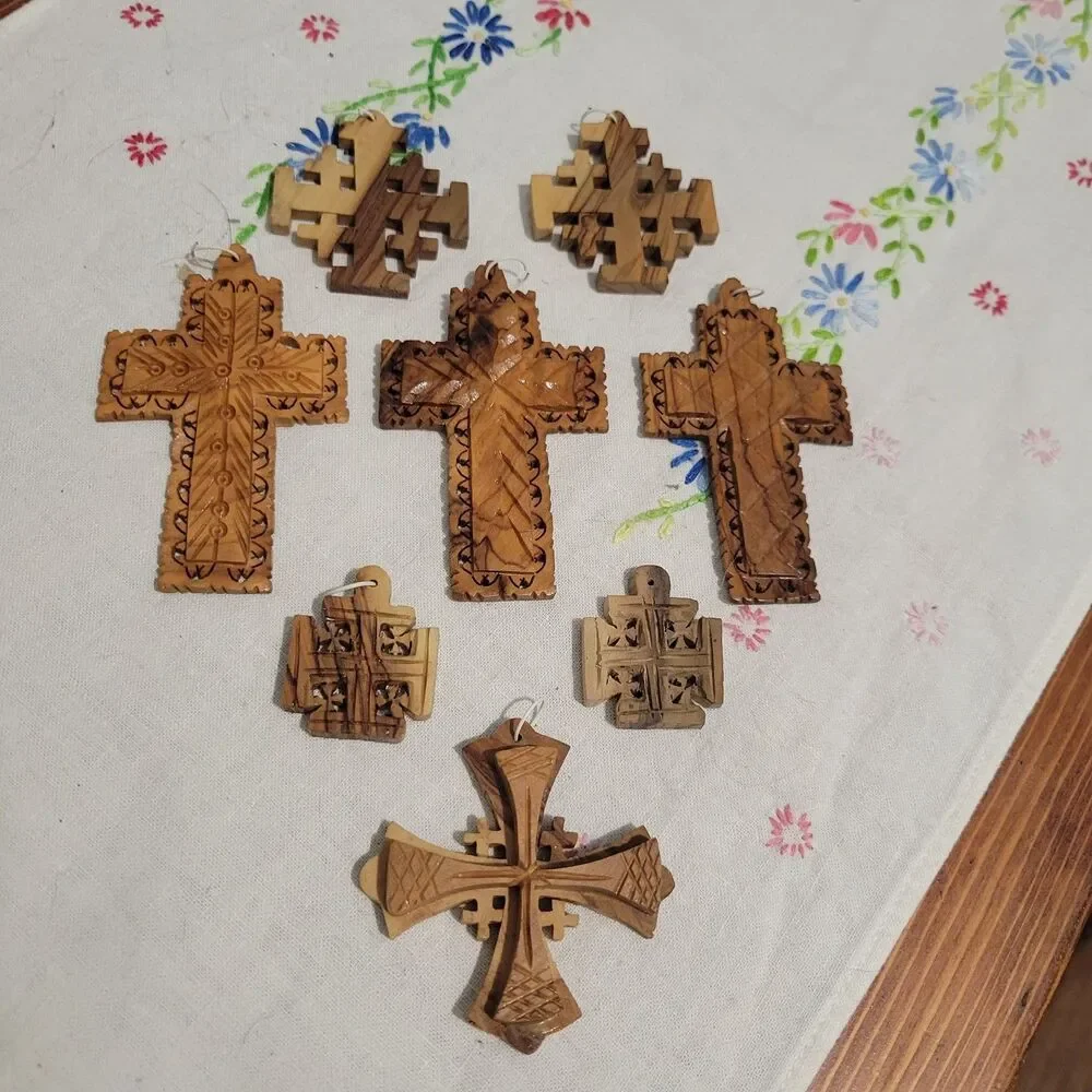 Lot of 8 Olive Wood Crosses pendants ornaments Jerusalem Bethlaham Holy Land